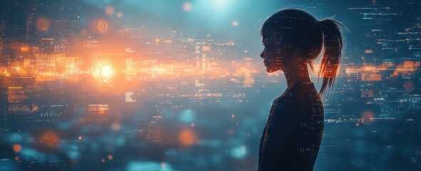 Poster - Futuristic Digital Art of Woman in City with Wireless Technology and Cyberpunk Aesthetics