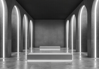 Poster - Modern interior space featuring arched structures and ambient lighting, creating a serene atmosphere.
