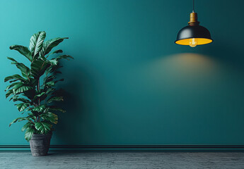 Poster - Stylish indoor space featuring a plant, modern lamp, and teal wall, creating a serene home atmosphere.