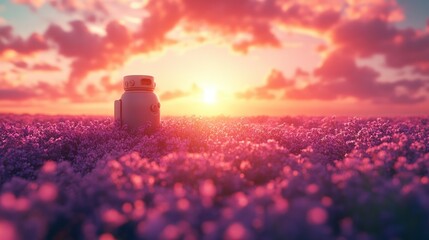 Futuristic tank in a vibrant flower field at sunrise