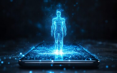 Aufkleber - Smartphone with a holographic human figure glowing above the screen, ethereal, with light beams emanating from the phone, creating a cuttingedge, digital environment