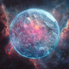Poster - glowing crystalline planet suspended above a strikingly beautiful iridescent nebula in deep space