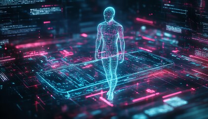 Aufkleber - Futuristic hologram of a human figure emerging from a smartphone screen, with glowing neon colors and digital interface elements, surrounded by digital code and data streams