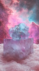 Poster - A stunning diamond resting on a piece of ice with a majestic purple planet in the background and crystal surface