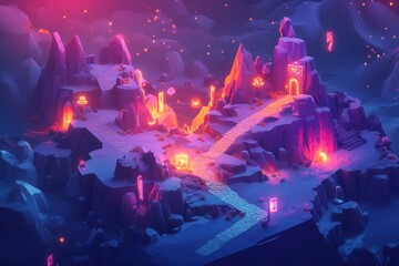 Poster - Vibrant isometric gaming landscape with dynamic lighting and stylized terrain for immersive experience