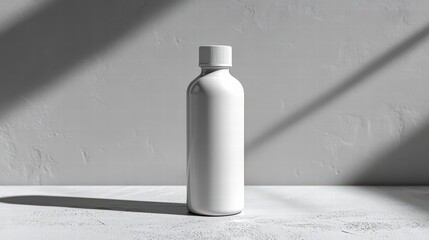 Poster - minimalist bottle: a minimalist, clean shot of an unlabeled bottle against a textured wall. light an