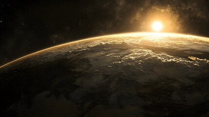 Poster - brightly colored planet with a radiant sun in the background creating a minimalist celestial scene o