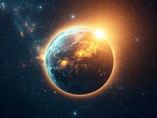 Poster - minimalist cosmic background featuring a glowing planet against a deep space backdrop filled with st