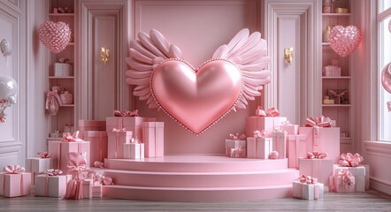 Poster - Valentine Heart with Wings on Pink Platform Surrounded by Gift Boxes and Shopping Bags