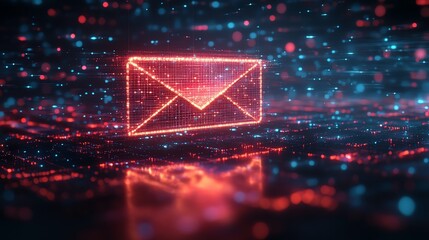 Poster - Futuristic digital email icon made of glowing pixels in cyberspace, 3D rendering with neon lights and abstract digital networks