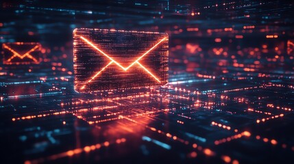 Aufkleber - Futuristic email icon made of glowing pixels, 3D rendering in cyberspace with digital effects, neon lights, and hightech data processing