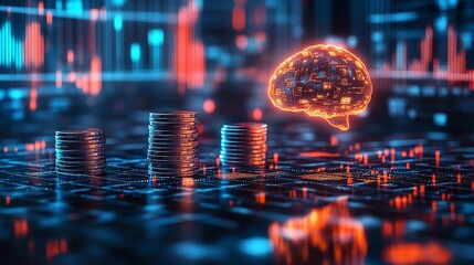 Aufkleber - Futuristic finance scene with glowing brain representing artificial intelligence, hovering over stacks of coins, digital financial charts and data analysis