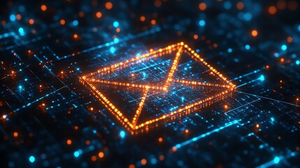Aufkleber - 3D rendered digital email icon formed from glowing pixels in cyberspace, with futuristic design, data flow, and cybernetic network connections
