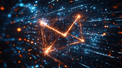 Aufkleber - 3D rendered futuristic email icon composed of glowing pixels in cyberspace, surrounded by virtual data streams and hightech digital elements
