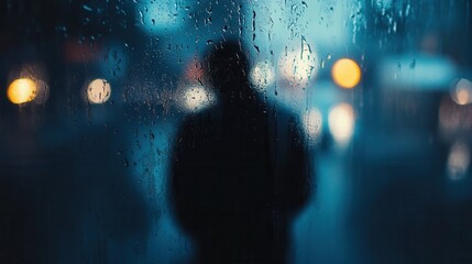 Aufkleber - Lonely figure behind rain-soaked glass, capturing the essence of solitude in a blurred cityscape during a melancholic evening