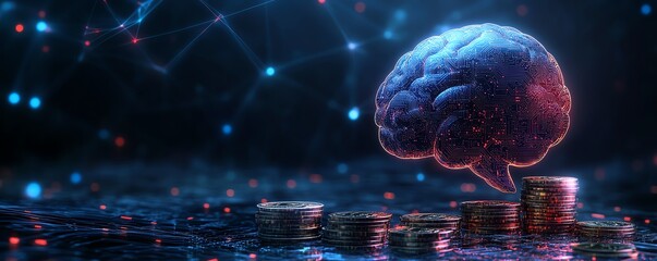 Aufkleber - Advanced AI in finance with a glowing brain, stacked coins representing financial growth, digital elements, and futuristic money management