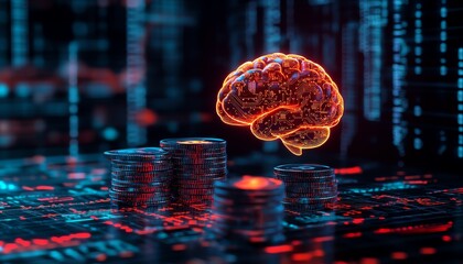 Leinwandbilder - Artificial intelligence in finance with glowing brain over stacked coins, blending technology and finance with futuristic digital projections and algorithms
