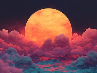 Wall Mural - full moon glowing brightly in the night sky above an otherworldly landscape with massive golden ring