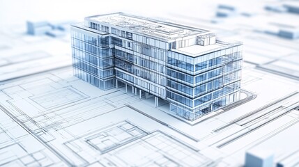 Poster - Modern glass building standing on architectural project blueprints, developing innovative construction design