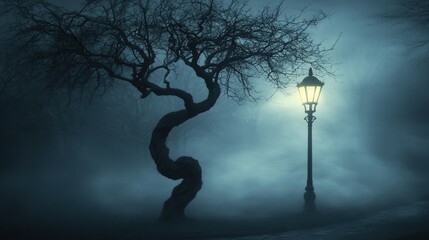 Poster - Dark misty forest illuminated by a single glowing street lamp amidst eerie fog and twisted trees