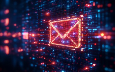Leinwandbilder - Digital email icon glowing in cyberspace, formed by pixels, 3D rendering with neon lights, futuristic design, and digital communication symbols