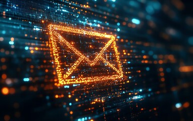 Leinwandbilder - Digital email icon glowing in cyberspace, formed by pixels, 3D rendering with neon lights, futuristic design, and digital communication symbols