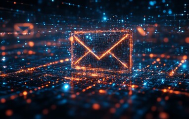 Aufkleber - Digital email icon in cyberspace, made of glowing pixels, 3D rendering with glowing lines and cybernetic elements, representing modern communication