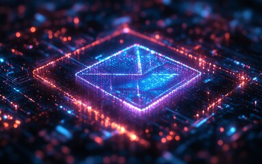 Leinwandbilder - Digital email icon glowing in cyberspace, formed by pixels, 3D rendering with neon lights, futuristic design, and digital communication symbols