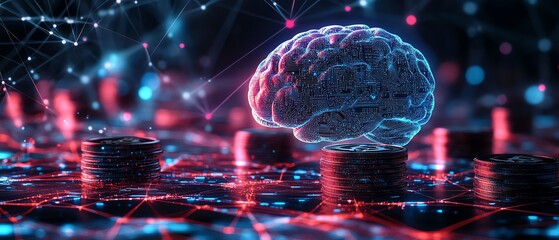 Aufkleber - Futuristic AIpowered finance with glowing brain above stacks of coins, connected to digital networks, symbolizing cuttingedge financial technology