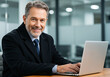 © Amazinglaive - Smiling mature adult business man executive sitting at desk using laptop. Mid aged businessman in office