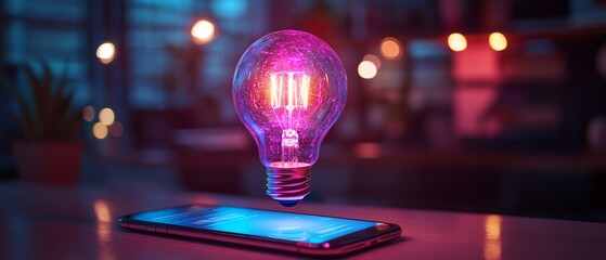 Poster - Digital holographic light bulb above a smartphone, innovation and technology concept, scifi inspired, glowing neon effects, modern office desk setup, futuristic visual