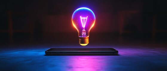 Fototapete - Futuristic holographic light bulb floating above a smartphone