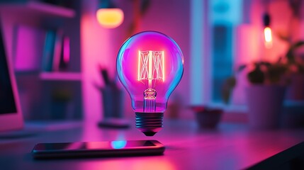 Poster - Futuristic holographic light bulb glowing over a smartphone on a desk, neon illumination, digital innovation, AIpowered creativity, hightech ambiance, sleek modern workspace