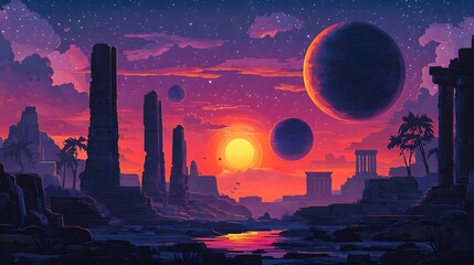 Wall Mural - serene sunset scene with an oversized planet in the background creating a dreamy retro sci-fi inspir
