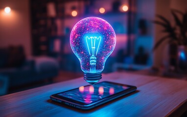 Poster - Glowing holographic light bulb hovering over a smartphone on a wooden desk, futuristic technology, digital brainstorming, neon blue and purple light, innovation and creativity