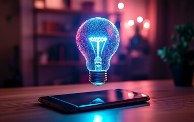 Aufkleber - Glowing holographic light bulb hovering over a smartphone on a wooden desk, futuristic technology, digital brainstorming, neon blue and purple light, innovation and creativity