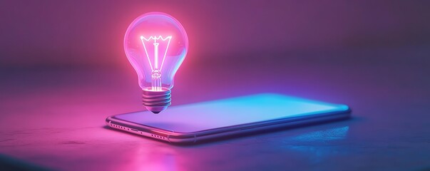 Poster - Glowing holographic light bulb above a smartphone on a desk, futuristic workspace, AIpowered innovation, sleek neon effects, hightech business concept, digital creativity