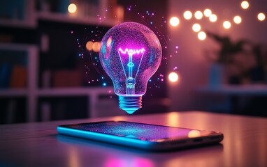 Poster - Glowing holographic light bulb hovering over a smartphone on a wooden desk, futuristic technology, digital brainstorming, neon blue and purple light, innovation and creativity