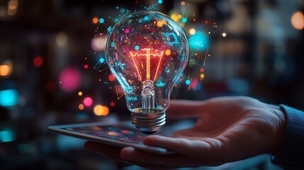 Poster - Glowing lightbulb with business strategy sketches hovering over a hand holding a tablet, futuristic digital workspace, neon glow, hightech innovation concept, 3D rendering