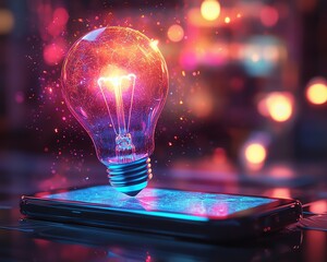 Leinwandbilder - Holographic innovation concept, glowing light bulb emerging from a smartphone, futuristic digital brainstorming, neon cyber glow, hightech startup workspace, creative energy