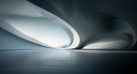 Poster - Abstract modern architecture featuring smooth white curves and a grey tiled floor.  The design creates a sense of depth and flowing movement within a spacious interior.