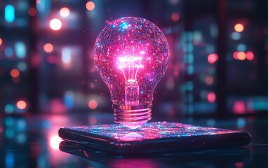 Poster - Abstract 3D holographic light bulb emerging from a smartphone, modern workspace, hightech visualization, neon glow, futuristic data flow, sleek and minimal design