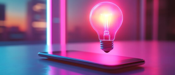 Poster - Abstract 3D holographic light bulb floating above a smartphone, vibrant neon colors, futuristic technology, digital brainstorming, cyberinspired glow, innovation concept
