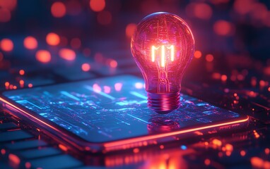 Poster - Abstract 3D holographic light bulb emerging from a smartphone, modern workspace, hightech visualization, neon glow, futuristic data flow, sleek and minimal design
