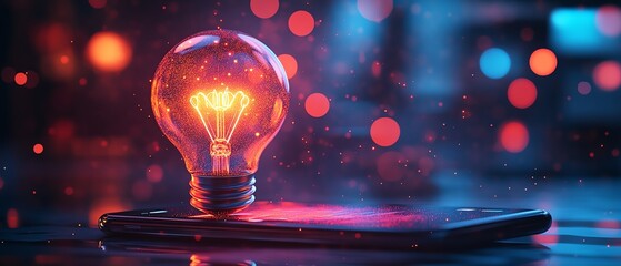 Aufkleber - Abstract futuristic light bulb hologram over a smartphone, glowing cyber light, AIgenerated ideas, sleek digital design, vibrant tech aesthetics, nextgen innovation