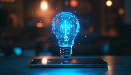 Poster - Abstract holographic light bulb hovering above a phone on a desk, sleek futuristic lighting, AIdriven inspiration, scifi concept, modern tech atmosphere, illuminated digital glow