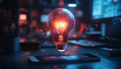 Poster - Abstract holographic light bulb hovering above a phone on a desk, sleek futuristic lighting, AIdriven inspiration, scifi concept, modern tech atmosphere, illuminated digital glow