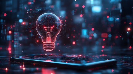 Poster - Abstract light bulb hologram floating over a smartphone, digital data streams, cyberpunkinspired neon glow, futuristic UI, AI and technology integration,