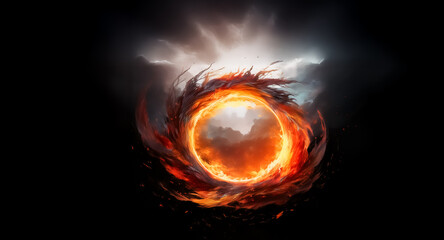 Fototapete - A fiery vortex swirls amidst dark and stormy clouds, illuminated by a bright light source behind, creating a dramatic and otherworldly scene.