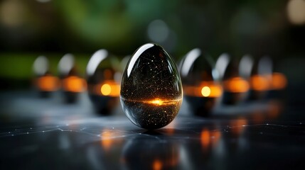 Poster - Sparkling Glass Eggs Set on Dark Surface with Glowing Centers and Cosmic Texture in a Dreamy Atmosphere